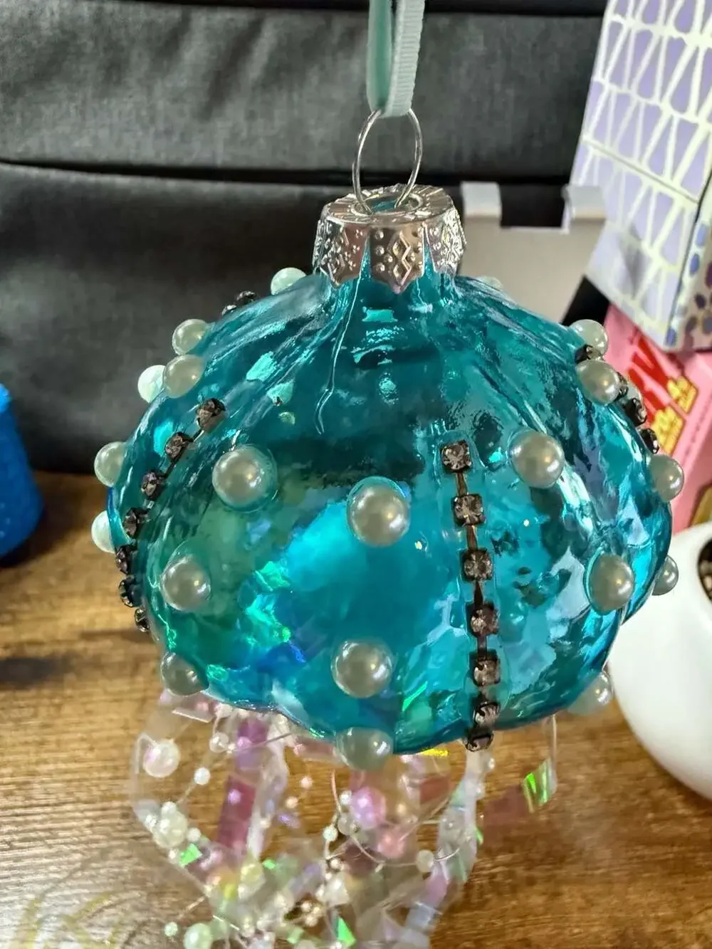 Blue Glass Jellyfish Christmas Ornament with Pearl and Rhinestone Accents